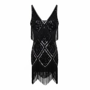 Babeyond Black Sequin Fringe Flapper Mini Dress Gatsby Art Deco 1920s small